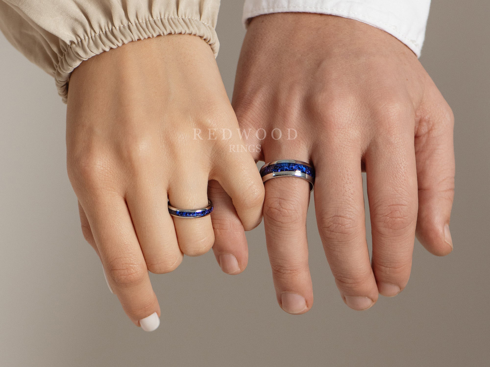 silver sapphire ring matching set, silver tungsten and lab sapphire rings for him and her, 8mm 4mm