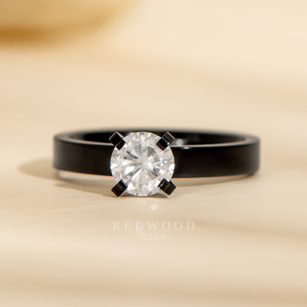 zirconium moissanite ring, 3mm black zirconium ring with 1ct clear white moissanite womens alt ring