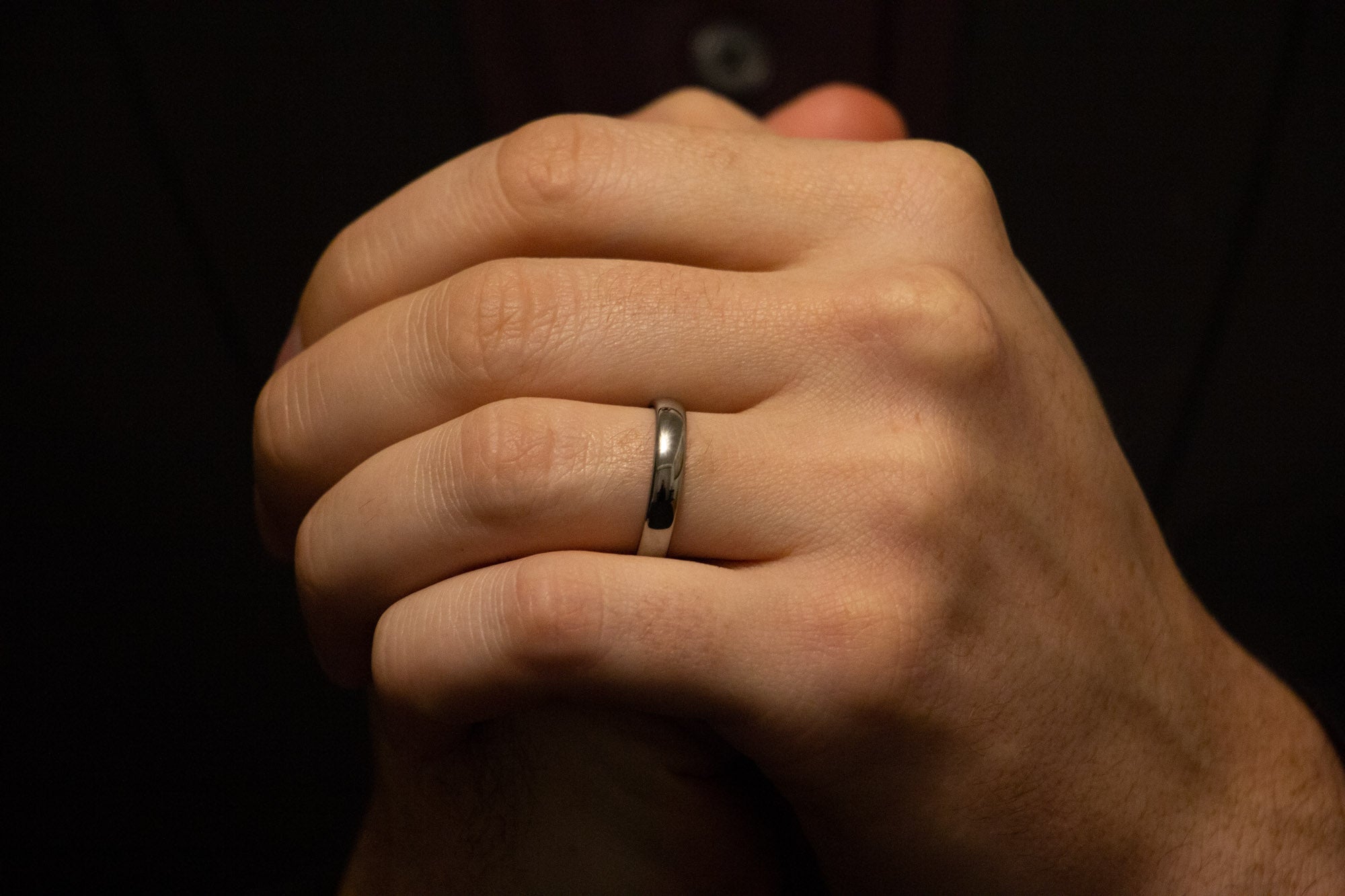 Silver Tungsten Band with a Polished Finish, Shown worn as a Men's Wedding Ring