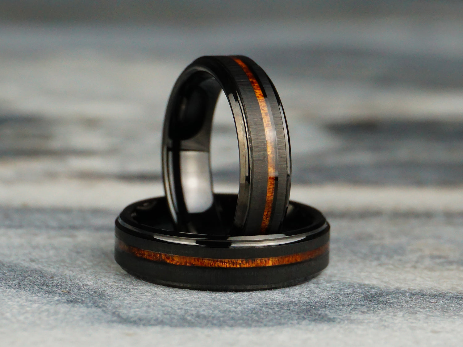 6mm black ring, koa wood inlay, mens tungsten wedding ring, carerra marble unique ring photo