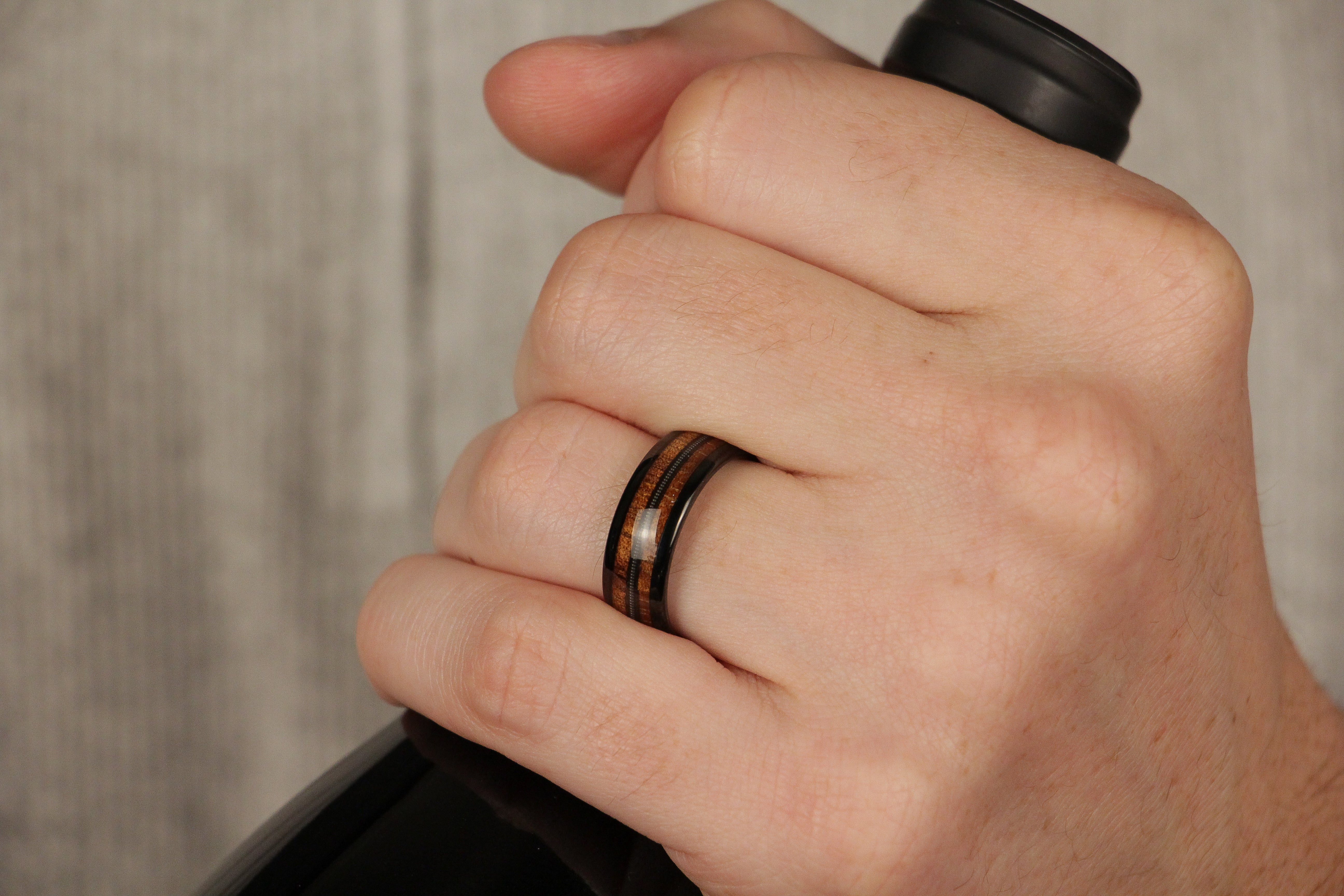 Black Tungsten Ring Guitar String Koa Wood inlay 8mm mens wedding band hand photo