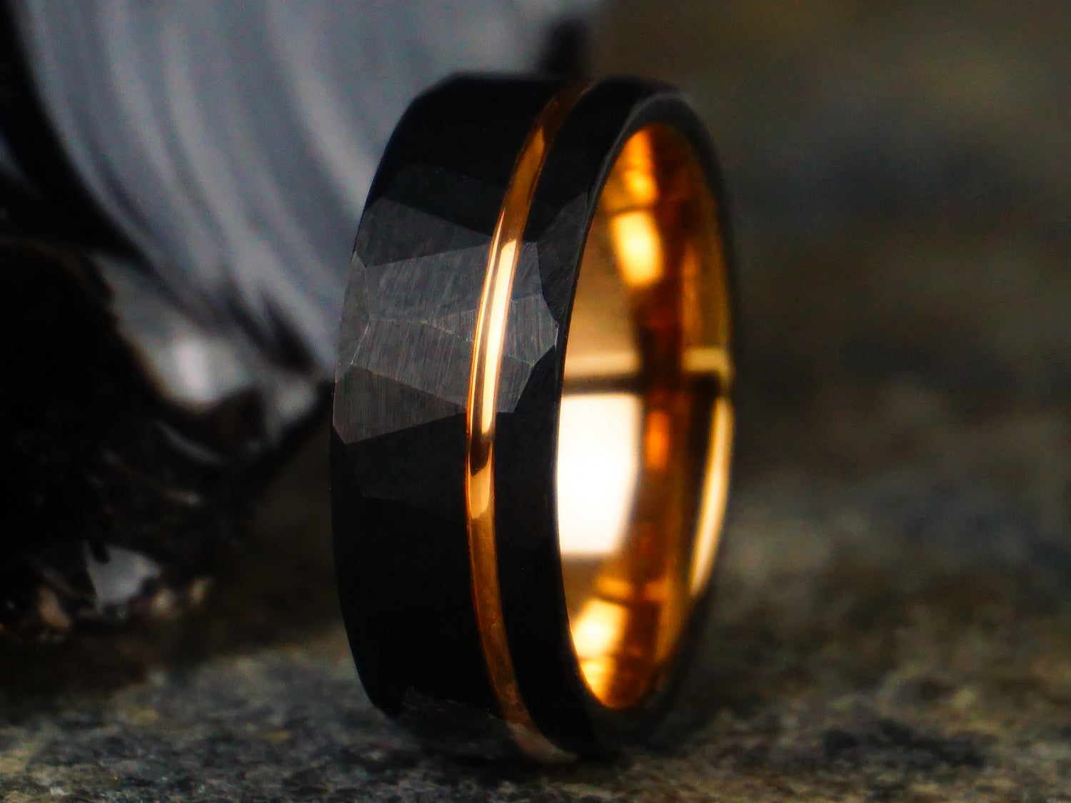 Black Hammered Tungsten Ring, Rose Gold Strip - 8mm